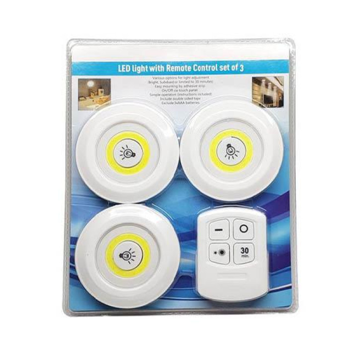 3x LED светильник ночник автономный, с пультом ДУ, белый