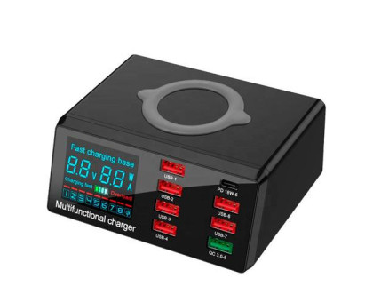 Мережева зарядна станція 8x USB і бездротова зарядка, PD QC3.0 LED, WLX-X9