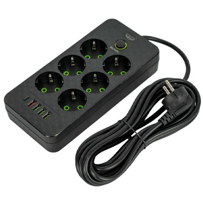 Сетевой фильтр удлинитель 5м 6 розеток та 5 USB QC PD 10А 2.5кВт EU-2506PD