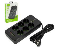 Сетевой фильтр удлинитель 2м 6 розеток та 5 USB QC PD 10А 2.5кВт EU-2506PD