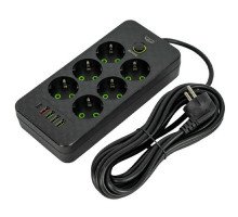 Мережевий фільтр подовжувач 5м 6 розеток та 5 USB QC PD 10А 2.5кВт EU-2506PD