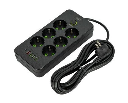 Сетевой фильтр удлинитель 5м 6 розеток та 5 USB QC PD 10А 2.5кВт EU-2506PD