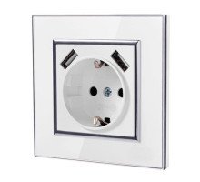 Розетка 16А 220В + 2x USB 5В 2А встроенная с заземлением, акриловая рамка