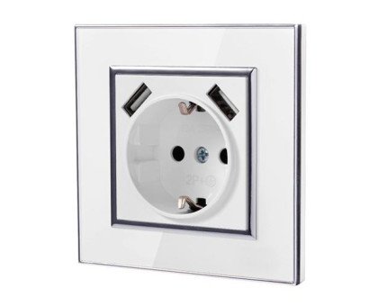 Розетка 16А 220В + 2x USB 5В 2А встроенная с заземлением, акриловая рамка
