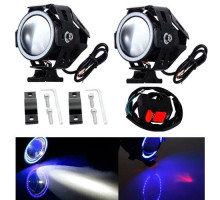 Фары прожекторы для мотоцикла U7 LED 12В 3000лм Angel Eyes синие + кнопка