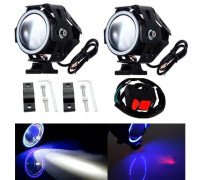 Фари прожектори для мотоцикла U7 LED 12В 3000лм Angel Eyes сині і кнопка